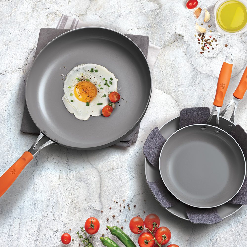 fusion guard, masterchef 5-piece frying pan cookware set, orange,  antimicrobial technology, ceramic, titanium non-stick coati