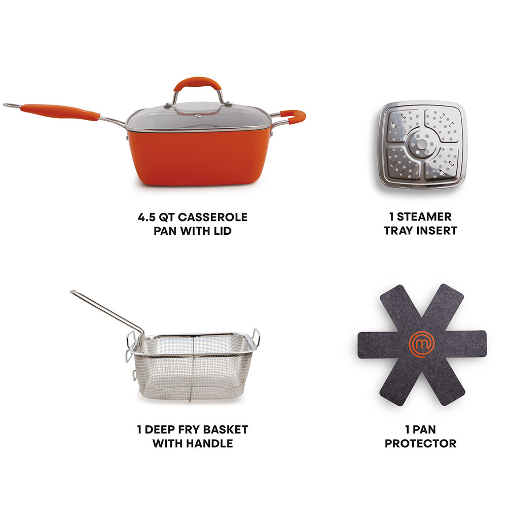 fusion guard, masterchef 5-piece frying pan cookware set, orange,  antimicrobial technology, ceramic, titanium non-stick coati