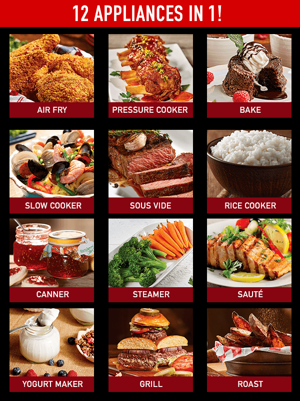 replace your hot air fryer, pressure pot, slow cooker, rice cooker, steamer, yogurt maker, and more