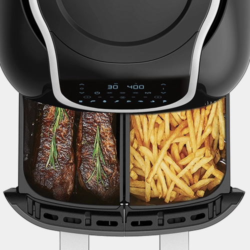 PowerXL Vortex Dual-Basket Air Fryer Two 4.5-QT Baskets with Steak and Fries