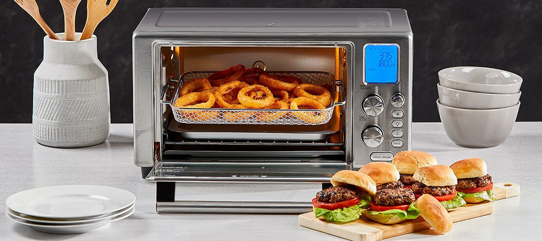 Onion rings and mini burgers cooked in the AirFryer 360