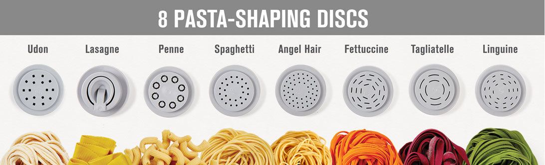 8 pasta shaping discs included with the Emeril Pasta and Beyond