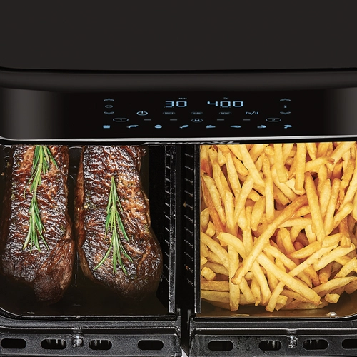 PowerXL Vortex Dual-Basket Air Fryer Two 5-QT Baskets with Steak and Fries