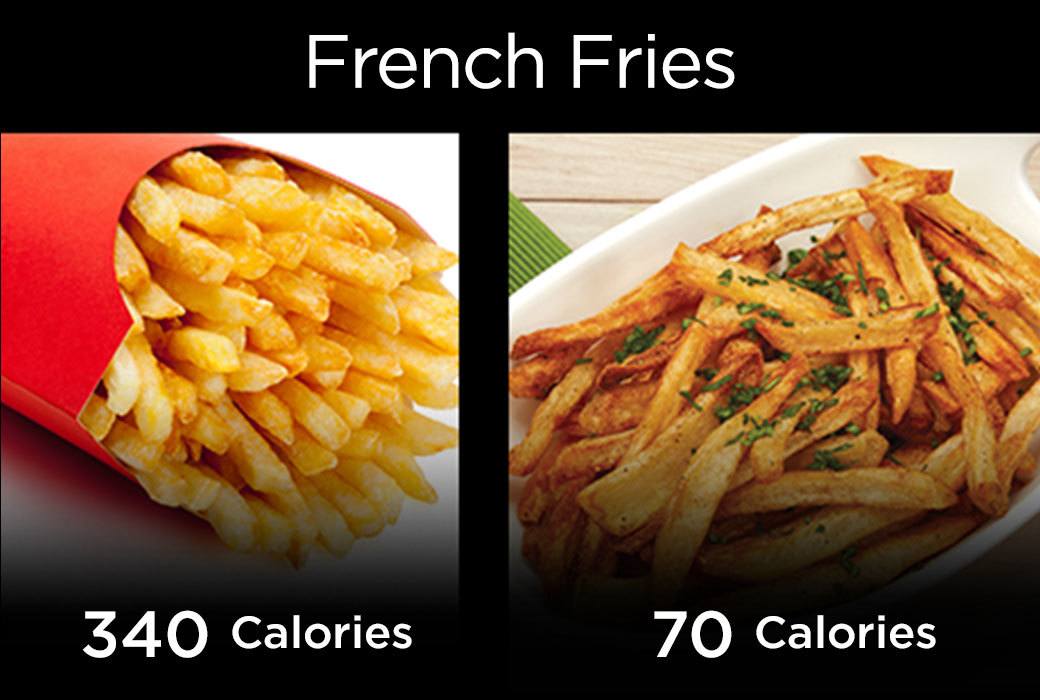 air fried french fries have 70 oil free calories vs. 340 calories for deep fried version