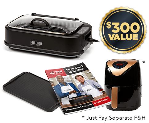 Includes non stick griddle plate and grill plate, two grilling recipe books, tempered glass lid with handle