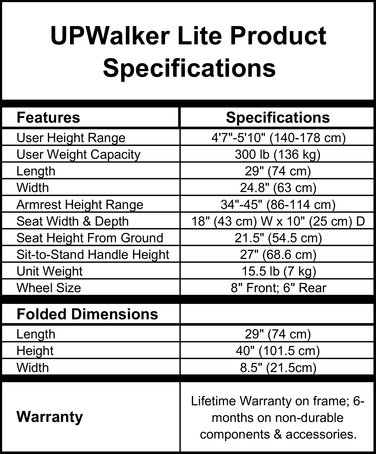 UPWalker Lite Product Specifications