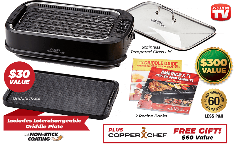 Entire Grilling Set – $300 Value – Includes Recipe Books, Tempered Glass Lid, Interchangeable Grill and Griddle Plate