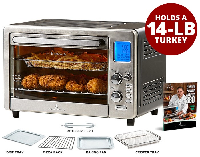 Air Fryer Set includes crisper tray, rotisserie spit, pizza rack, drip tray, baking pan, emeril recipes book