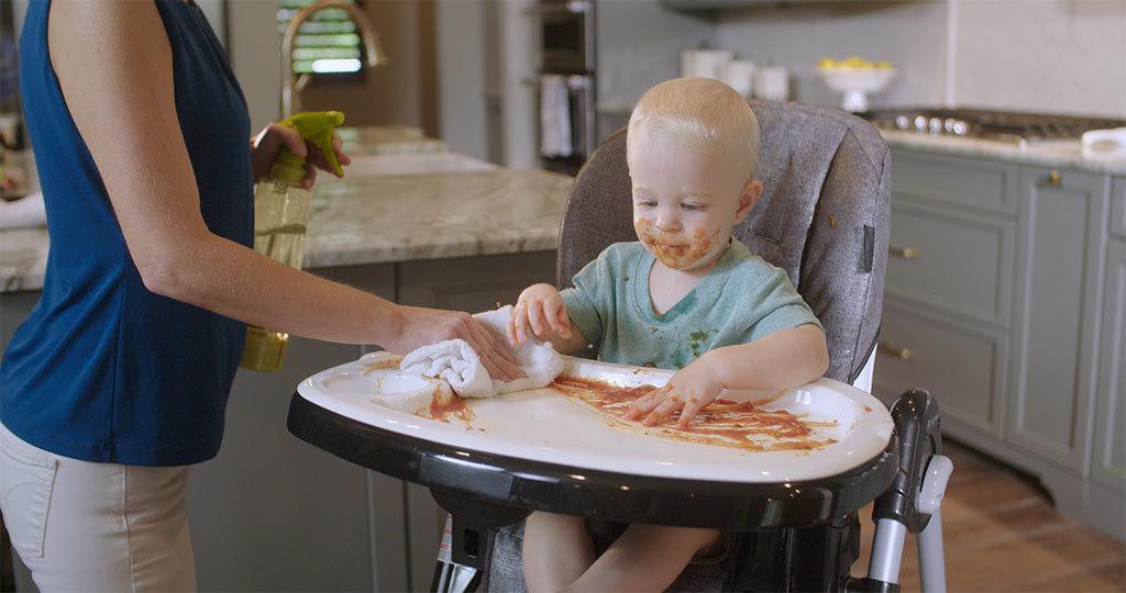 Wiping high chair with S-Water™