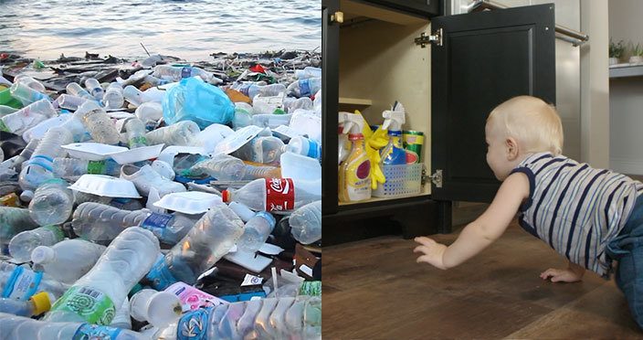 Plastic Pollution on beach – Baby reaching for chemical cleaners