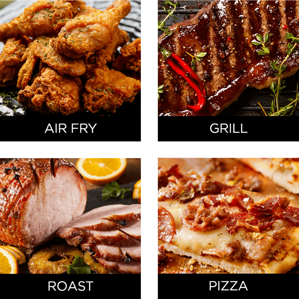 air frying fried chicken, reheat for extra crisp, roast ham, broil steak
