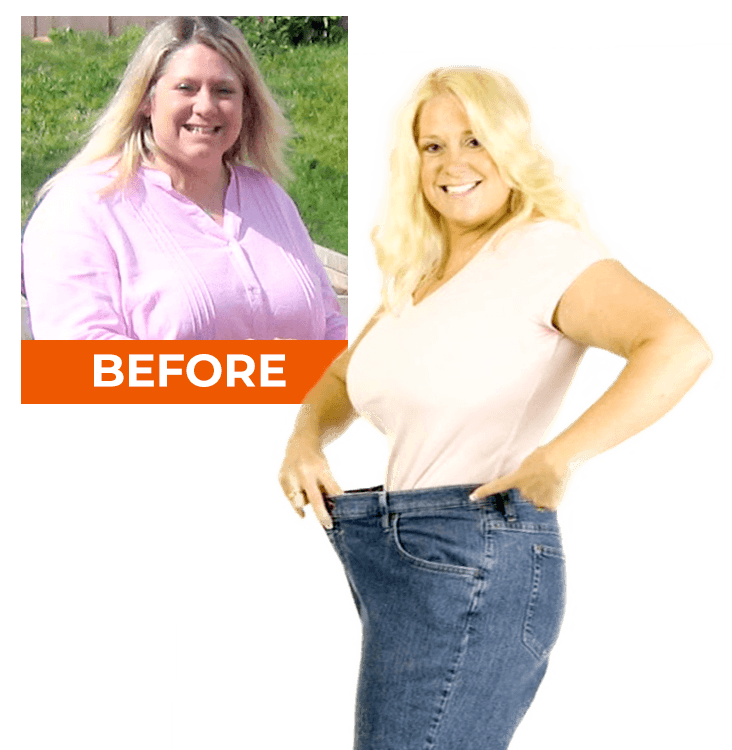before & after: woman showing old jean size