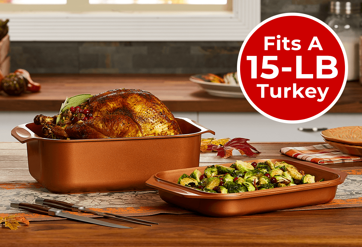 Turkey in Deep Roaster Pan, Vegetables in Shallow Roaster Pan