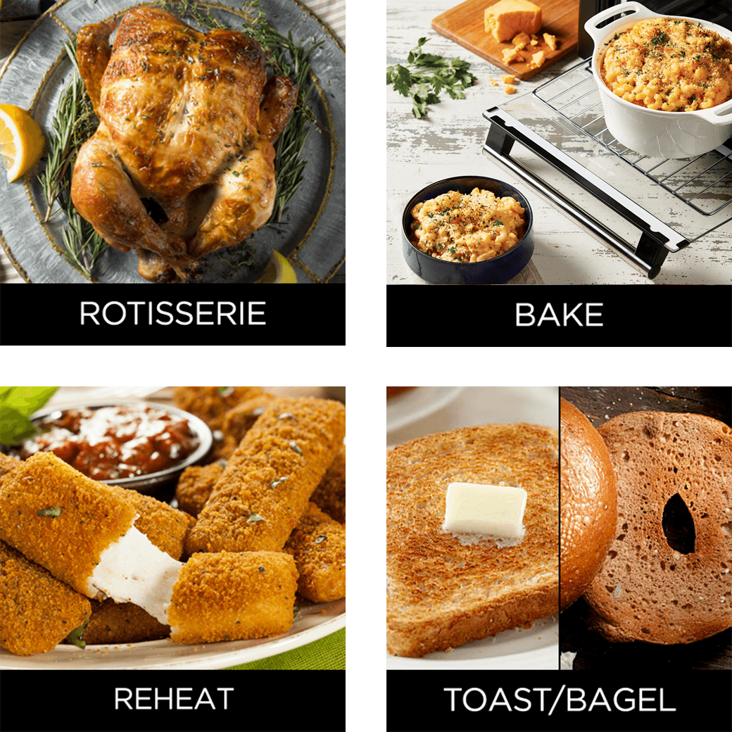 rotisserie chicken, bake pie, reheat mozzarella sticks, toast bagel